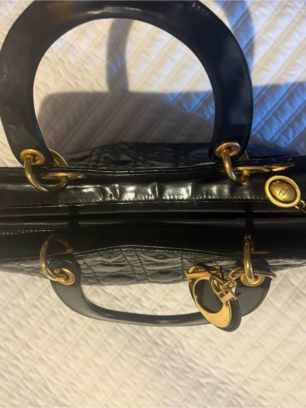 Dior Black Quilted Patent Tote Bag with Gold Charm